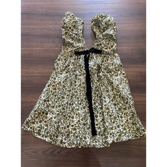 o.p.t Didi Dress Green Floral Puff Sleeve Mini Velvet Bow Size S (Zipper Issue) - Picture 15 of 15